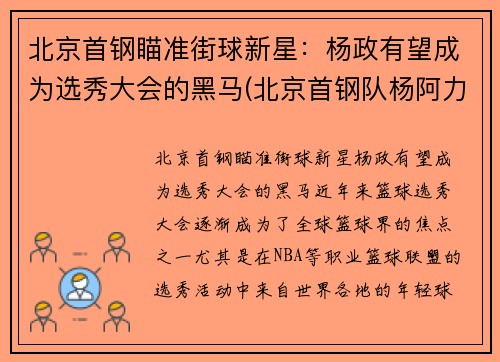 北京首钢瞄准街球新星：杨政有望成为选秀大会的黑马(北京首钢队杨阿力)