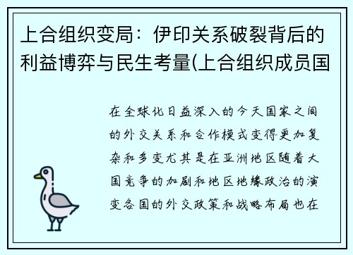 上合组织变局：伊印关系破裂背后的利益博弈与民生考量(上合组织成员国名单伊朗)