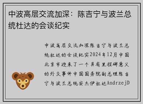 中波高层交流加深：陈吉宁与波兰总统杜达的会谈纪实
