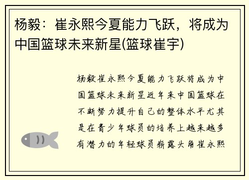 杨毅：崔永熙今夏能力飞跃，将成为中国篮球未来新星(篮球崔宇)